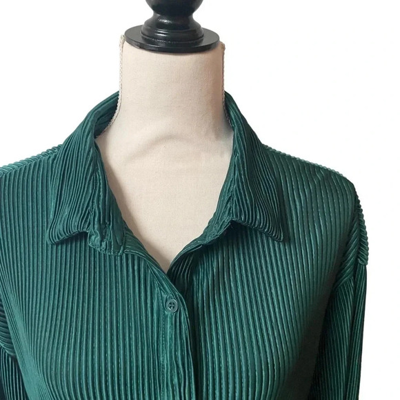 Papermoon Emerald Green Plissé Pleated Shirt Dress Belted Ruffle Hem Long Sleeve - Picture 7 of 16